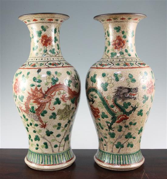 A pair of large Chinese famille verte crackle glaze vases, late 19th century, 43.5cm.